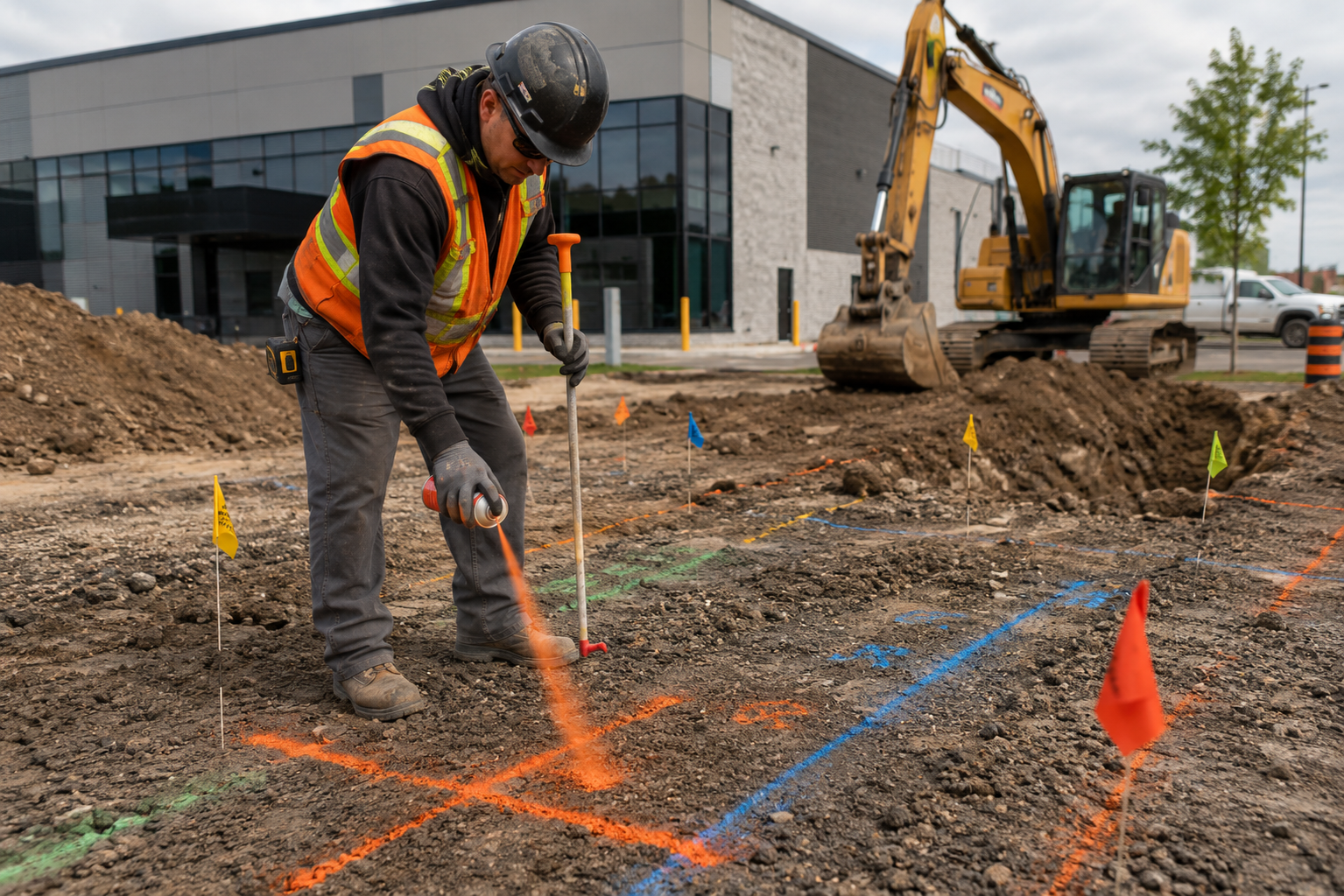 Construction worker marking site boundaries
