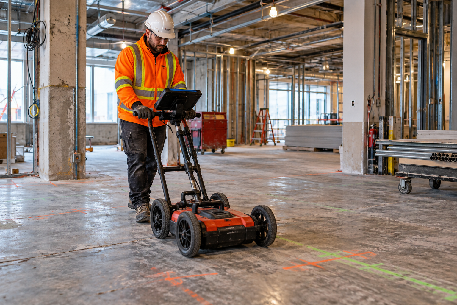 Construction Worker Operating Floor Scanner