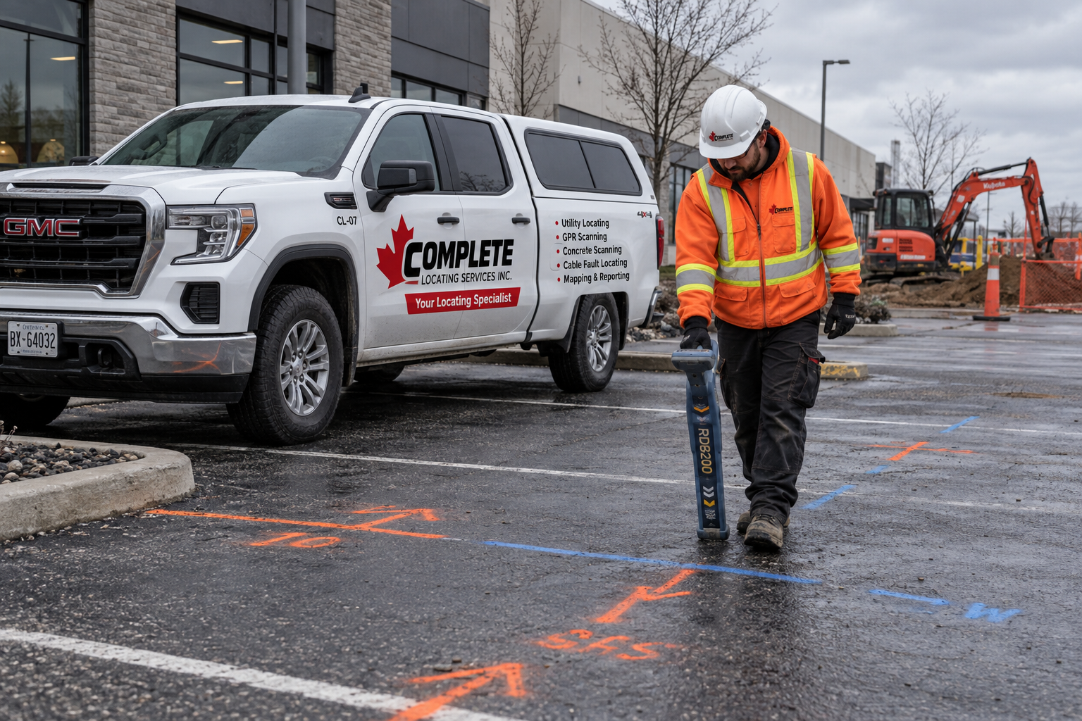 Utility Locator Scanning Marked Parking Lot